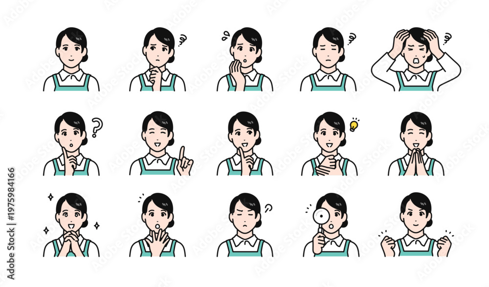 エプロン姿の女性のさまざまな表情やポーズを集めたイラストセット